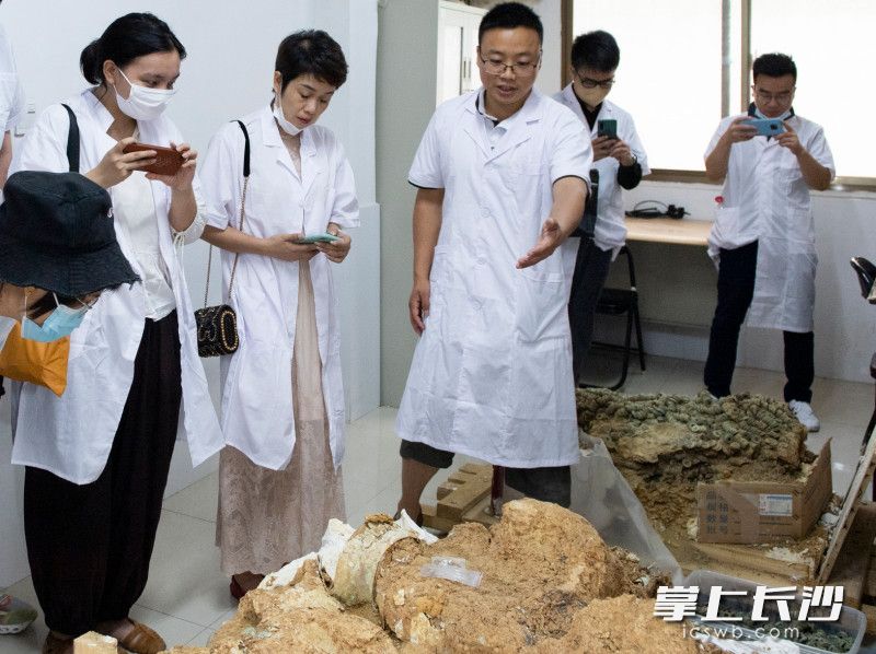 文物修復(fù)師蔣成光正在給市民介紹文物修復(fù)前的情況,。照片均為長(zhǎng)沙晚報(bào)全媒體記者 鄒麟 攝