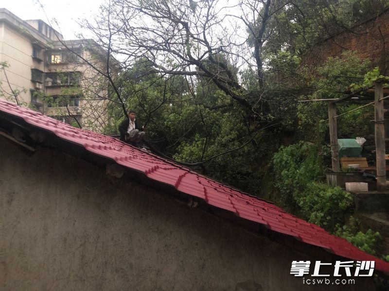 男子被困屋頂,。均為長(zhǎng)沙晚報(bào)通訊員 唐雄杰 供圖
