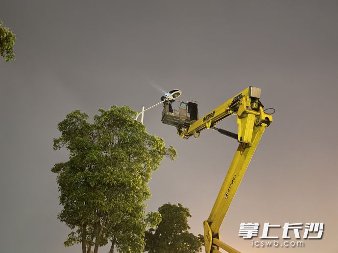 新姚路友誼路口,，國網(wǎng)長沙供電分公司路燈管理所工作人員正在對一處損壞路燈進(jìn)行維修。長沙晚報全媒體記者 唐朝昭 攝