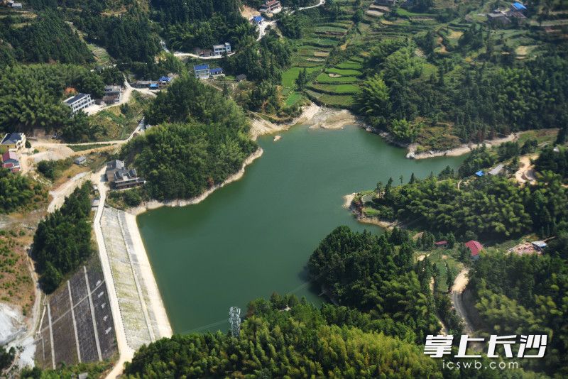 直升機(jī)飛過(guò)桂巖山水庫(kù),，這是機(jī)組人員前一天滅火的取水點(diǎn)。長(zhǎng)沙晚報(bào)全媒體記者 劉琦 攝