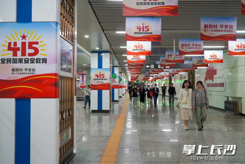 在長沙朝陽村地鐵站，諸多與國家安全相關(guān)的主題元素被融入站廳之中,。 長沙晚報(bào)全媒體記者 劉曉敏 攝