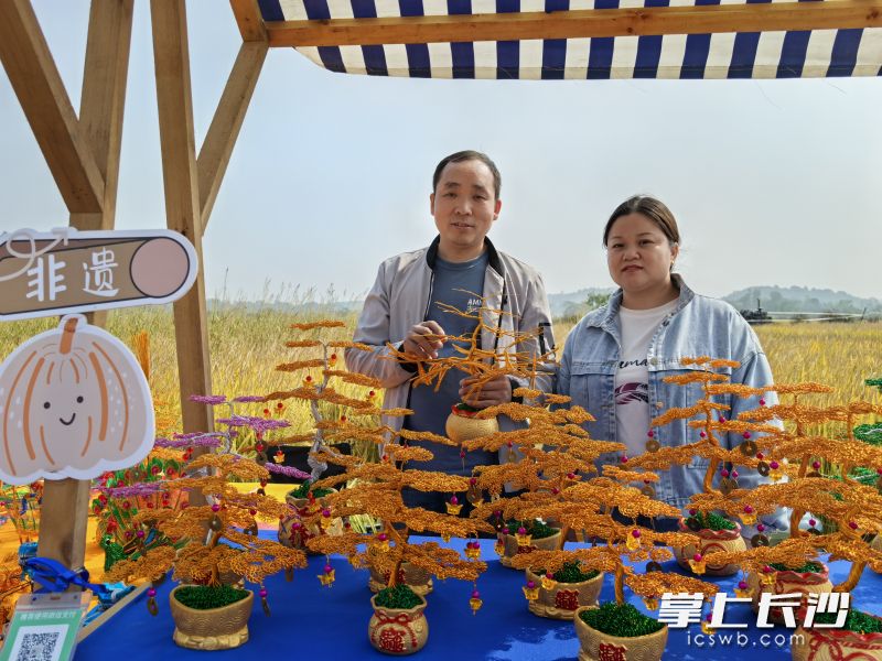 來自永州的何新學、張曉燕夫妻倆,，展示鋁編非遺作品,。長沙晚報全媒體記者 張禹 攝