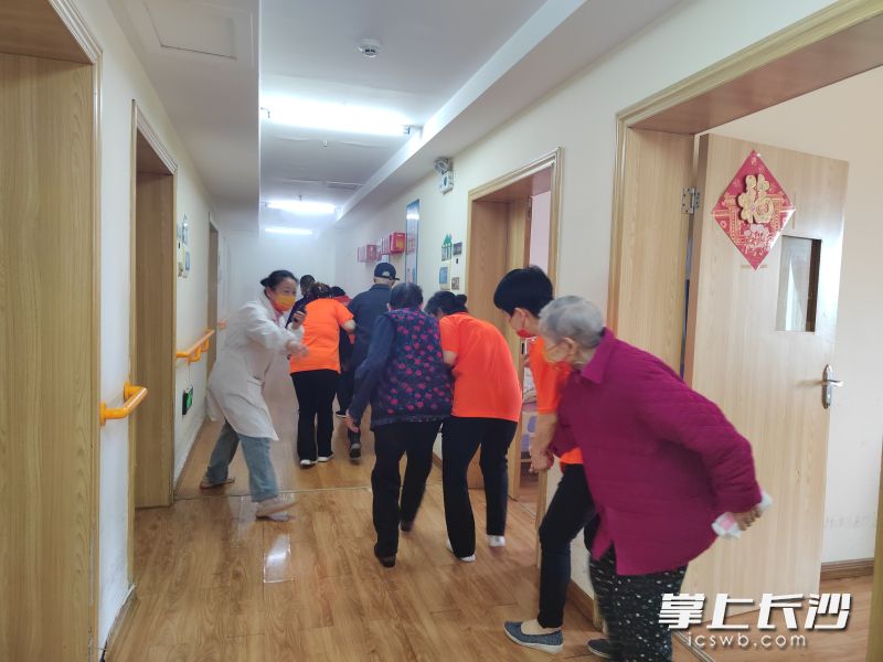 工作人員組織老人有序疏散撤離,。 均為通訊員 楊嘉 攝
