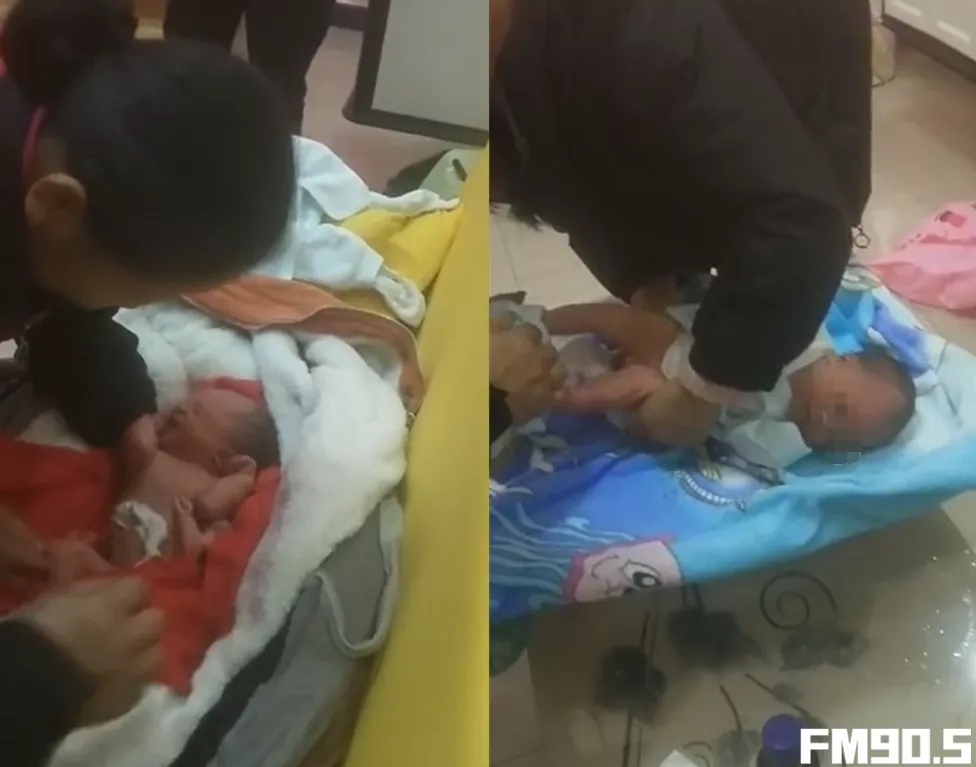 工作人員為新生兒清理、穿衣,。