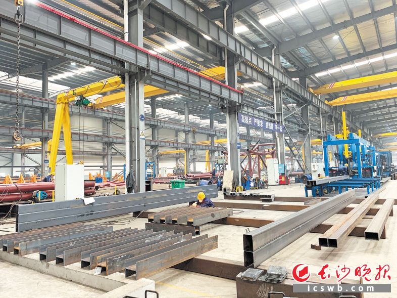 中天杭蕭鋼構(gòu)裝配式建筑基地內(nèi),，機(jī)器和工人緊密協(xié)作。長(zhǎng)沙晚報(bào)全媒體記者 洪虹 攝